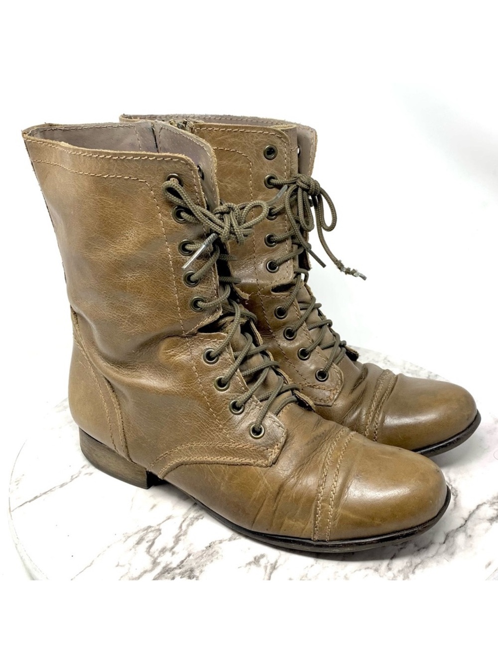 Steve Madden Troopa Khaki Brown Leather Lace Up Combat Boots 10 Classic Edgy